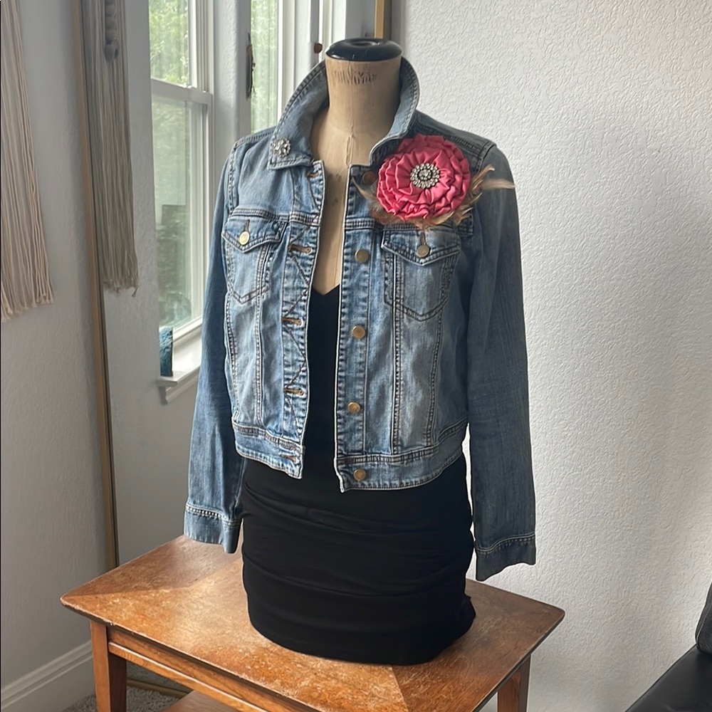 bp Blue and Pink Jean Jacket with Floral Embroidery